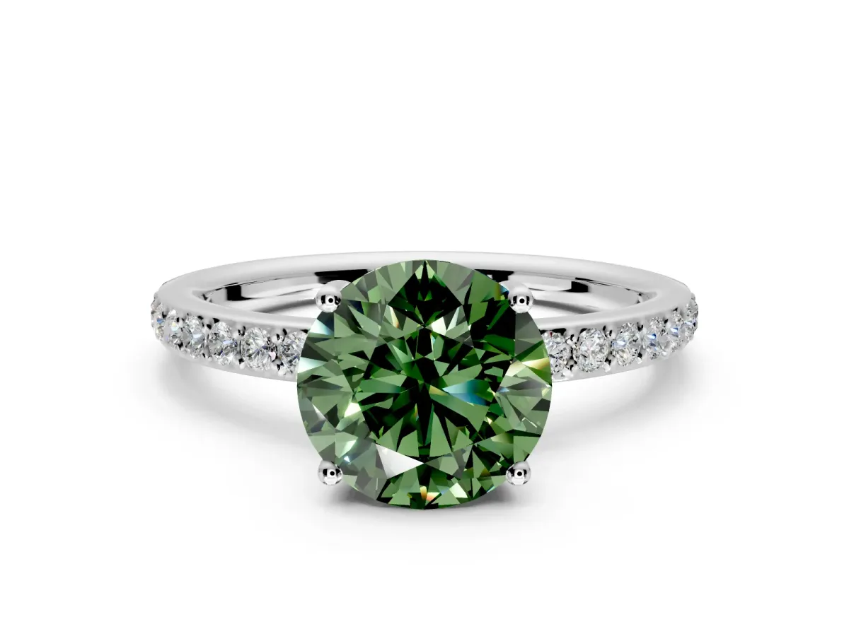 Solitaire Engagement Ring Setting for Fancy Green Round Cut Center with Fine Pave Band and Prong Head in Platinum
