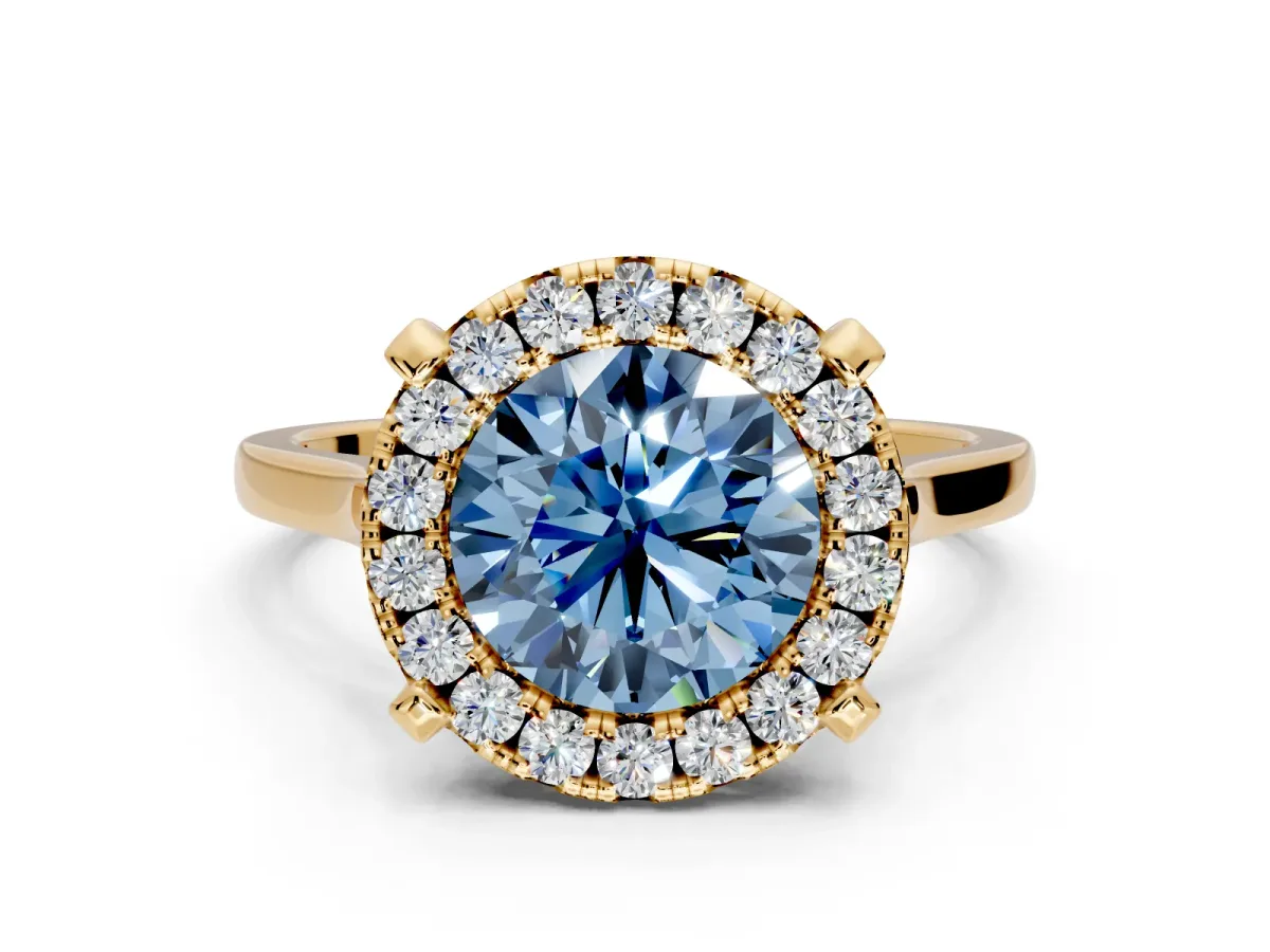 Single Halo Engagement Ring Setting for Fancy Blue Round Cut Center with Corner Claws, Plain Band and Prong Head in Yellow Gold