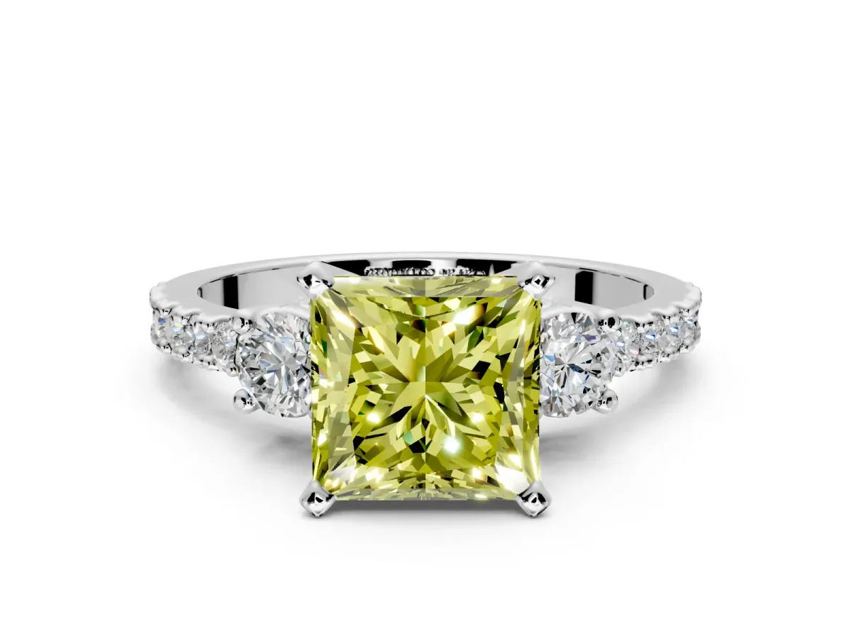 3 Stone Engagement Ring Setting for Fancy Yellow Princess Cut Center with Round Cut Side Accents and Prong Head in White Gold