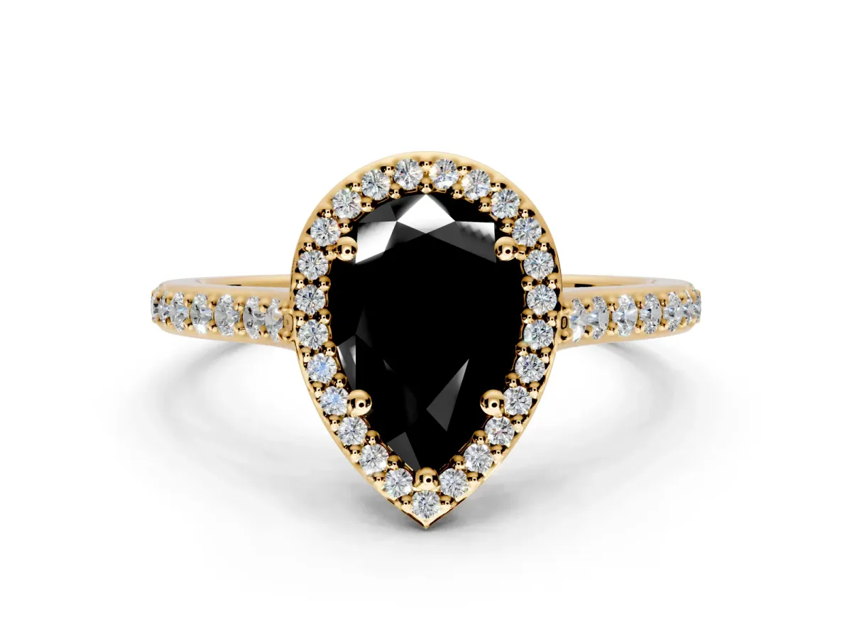 Halo Engagement Ring Setting for Fancy Black Pear-Shaped Center with Pave Accents, Heart Basket and Prong Head in Yellow Gold