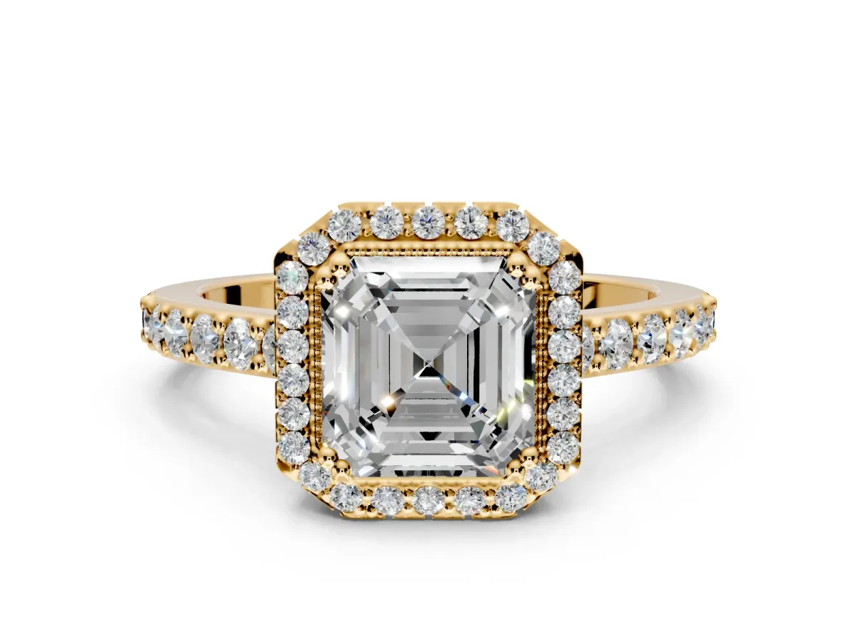 Halo Engagement Ring Setting for Asscher Cut Center with Inner Milgrain Border and Prong Head in Yellow Gold