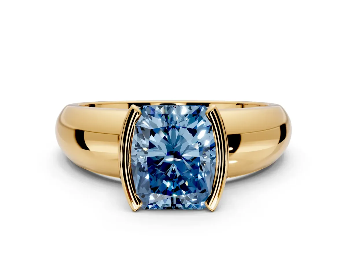 Tension Engagement Ring Setting for Fancy Blue Radiant Cut Center with Wide Flat Band and Tension Head in Yellow Gold