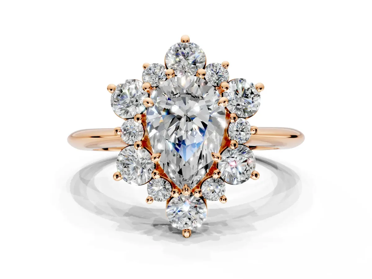 Small-Accent Cluster Halo Engagement Ring Setting for Pear-Shaped Center with Plain Band and Prong Head in Rose Gold