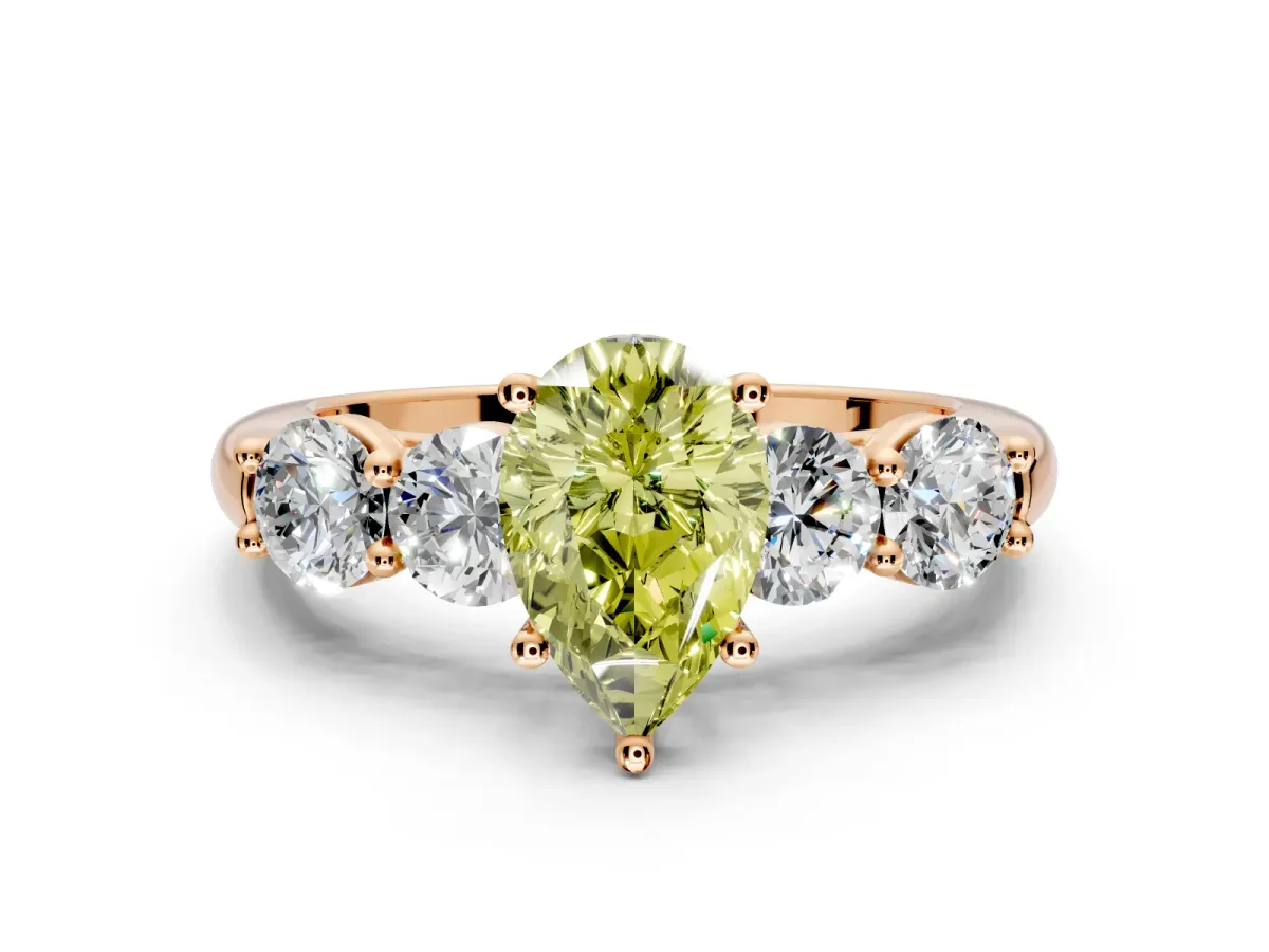 5 Stone Engagement Ring Setting for Fancy Yellow Pear-Shaped Center with Graduated Accents and Prong Head in Rose Gold