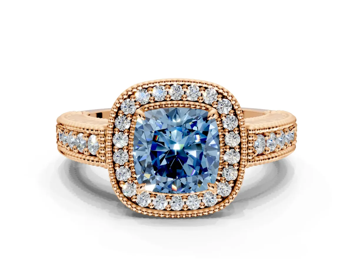 Milgrain Halo Engagement Ring Setting for Fancy Blue Cushion Cut Center with Pave Band and Prong Head in Rose Gold