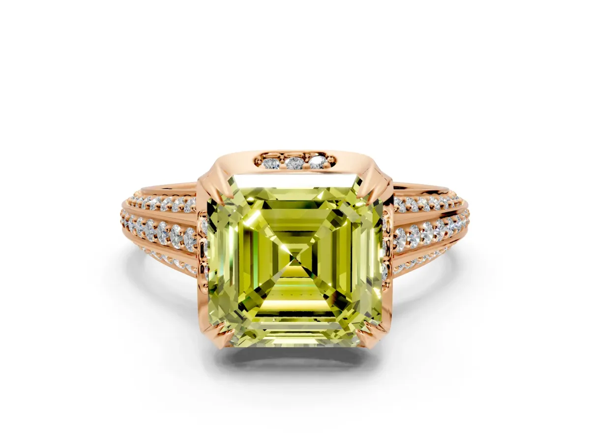 Solitaire Engagement Ring Setting for Fancy Yellow Asscher Cut Center with Accented Split Shank and Prong Head in Rose Gold