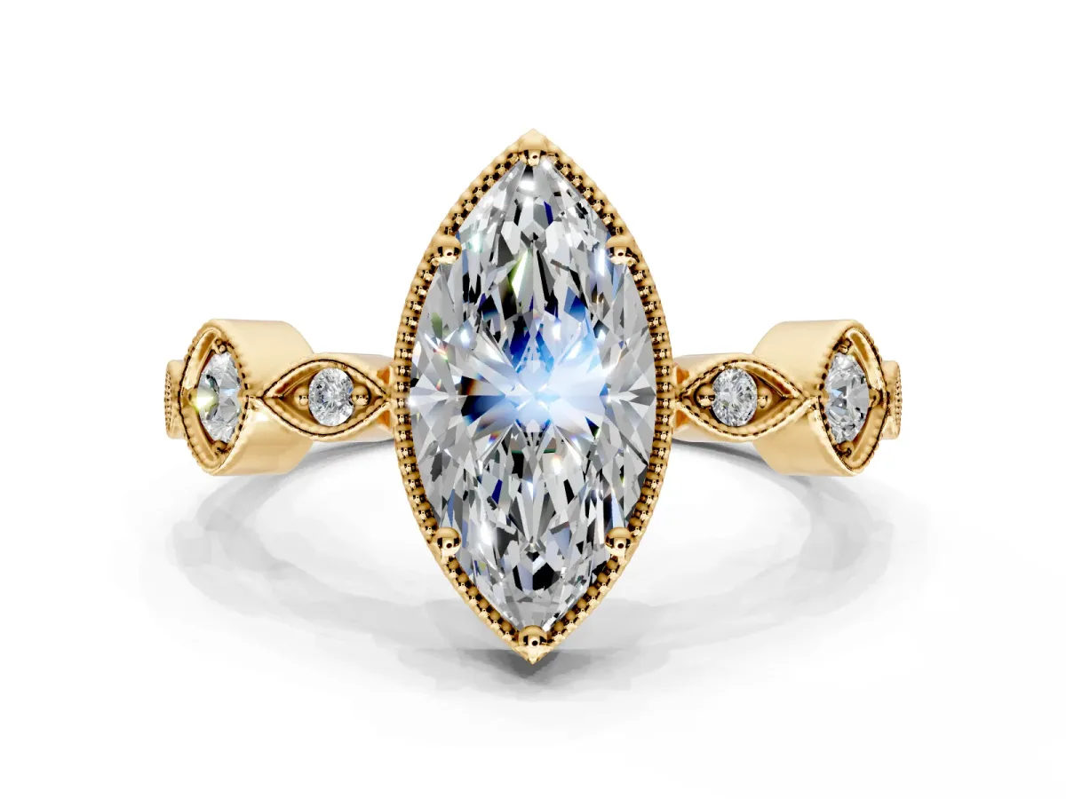 Vintage Station Engagement Ring Setting for Marquise Center with Accents and Prong Head in Yellow Gold