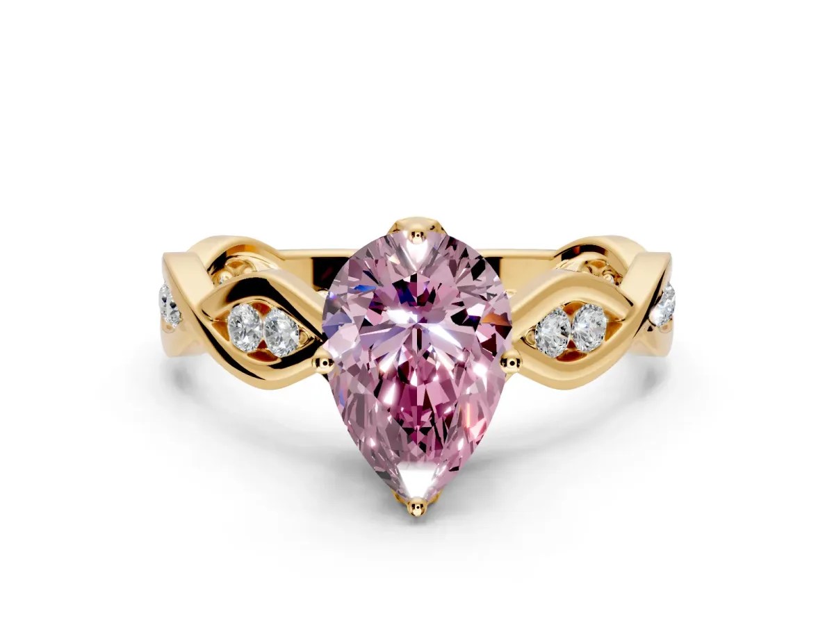 Solitaire Engagement Ring Setting for Fancy Pink Pear-Shaped Center with Accented Twist Band and Leaf Prong Head in Yellow Gold