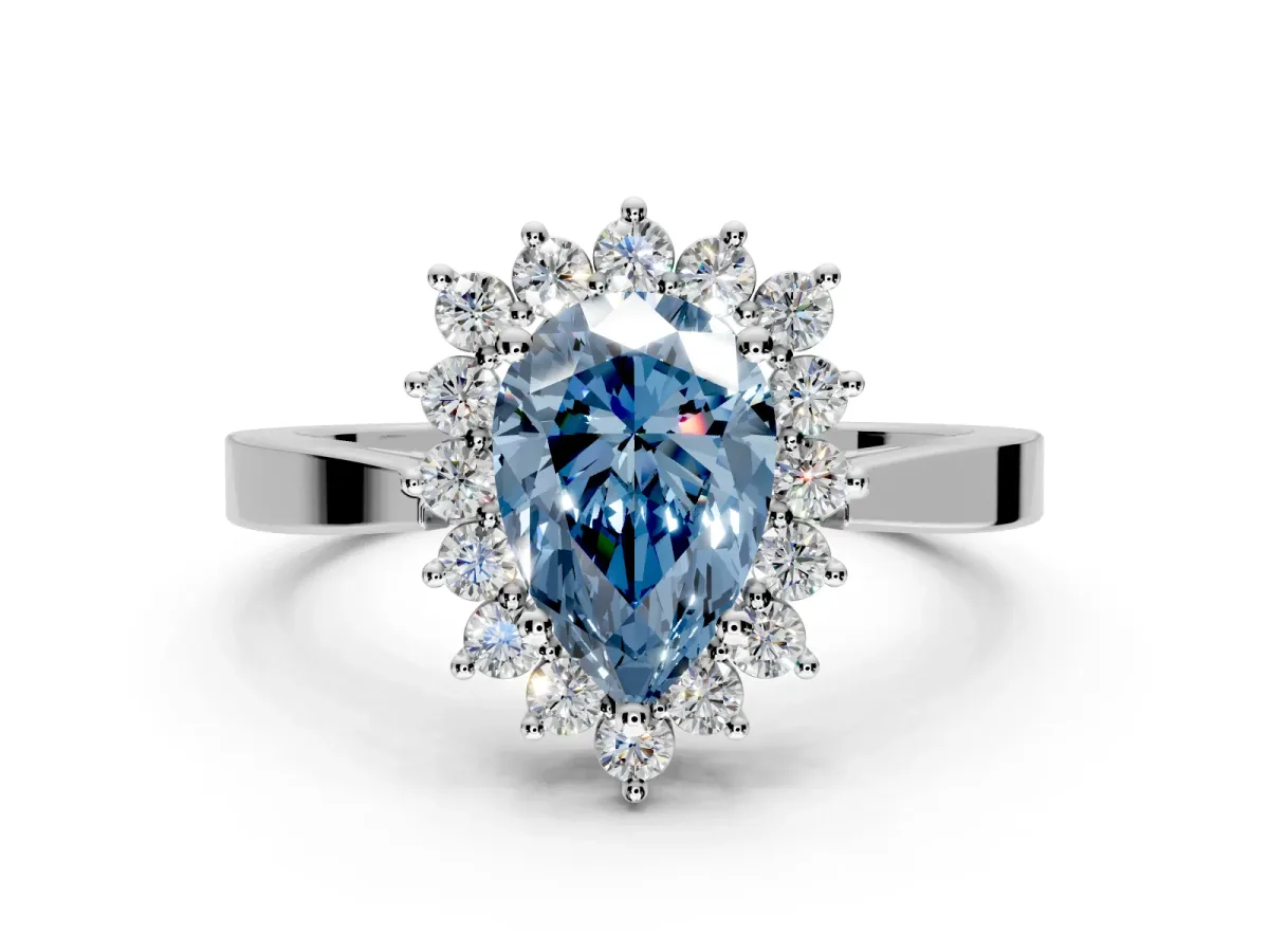 Starburst Halo Engagement Ring Setting for Fancy Blue Pear-Shaped Center with Flat Cathedral Band and Prong Head in Platinum