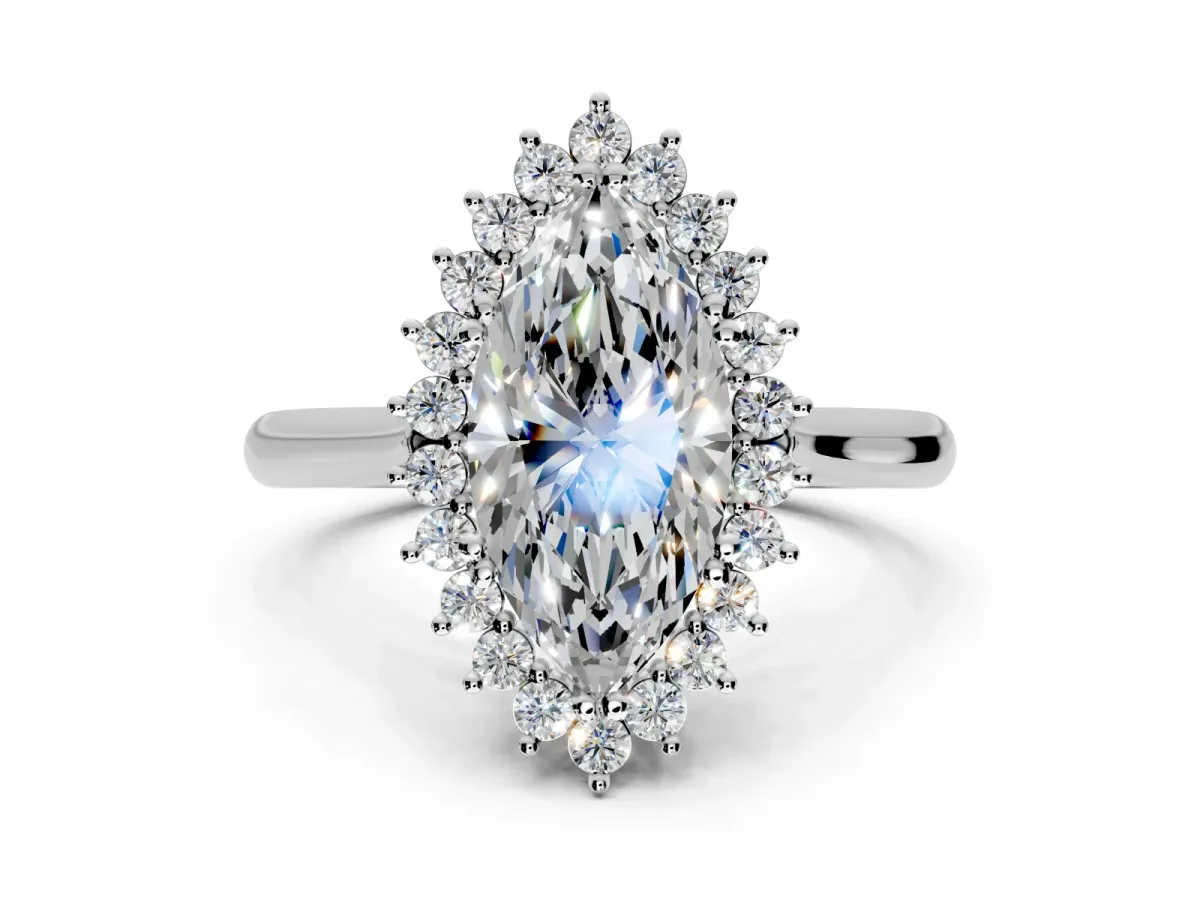 Starburst Halo Engagement Ring Setting for Marquise Center with Thin Round-Wire Band and Prong Head in Sterling Silver