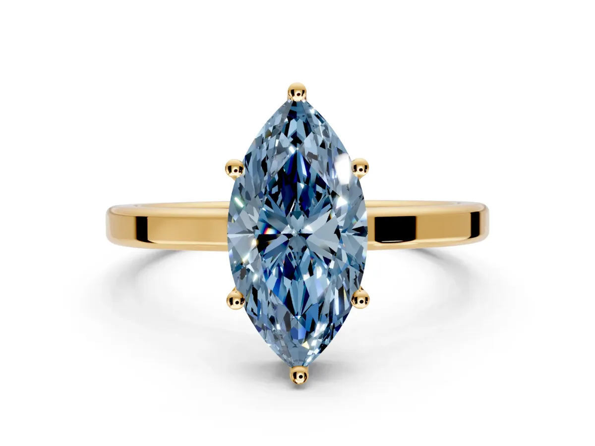 Hidden Halo Engagement Ring Setting for Fancy Blue Marquise Center with Wide Flat Plain Band and Prong Head in Yellow Gold