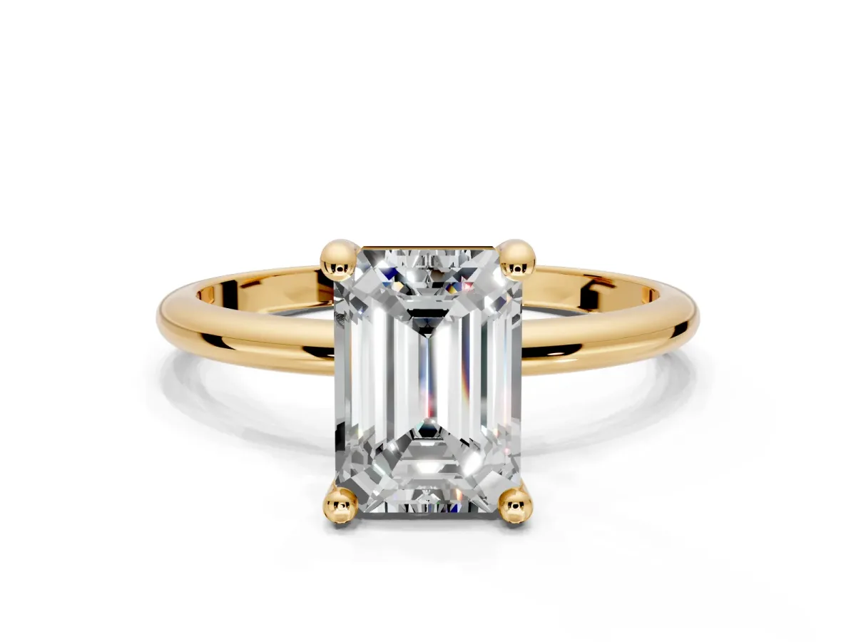 Minimalist Solitaire Engagement Ring Setting for Emerald Cut Center with Thin Band and Prong Head in Yellow Gold