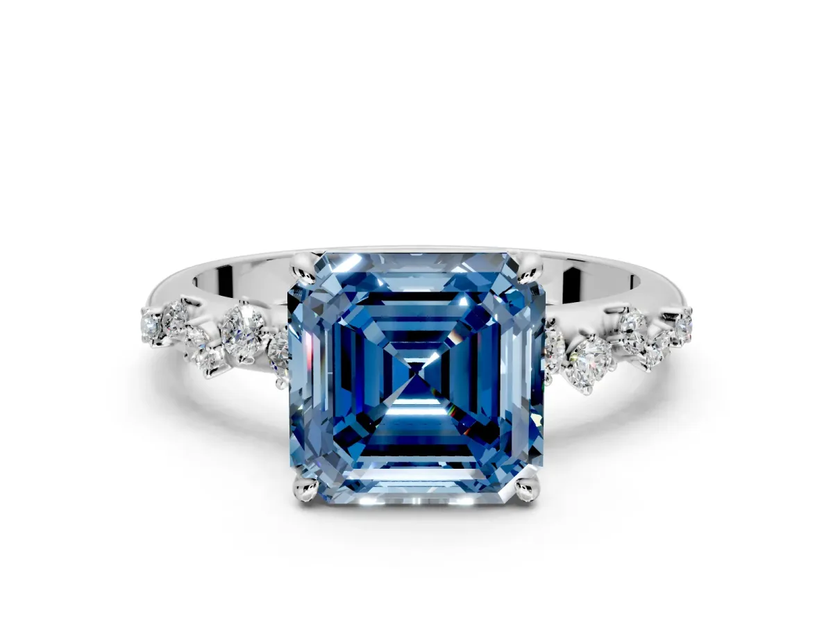 Cluster Engagement Ring Setting for Fancy Blue Asscher Cut Center with Round Cut Accent Band and Prong Head in Sterling Silver