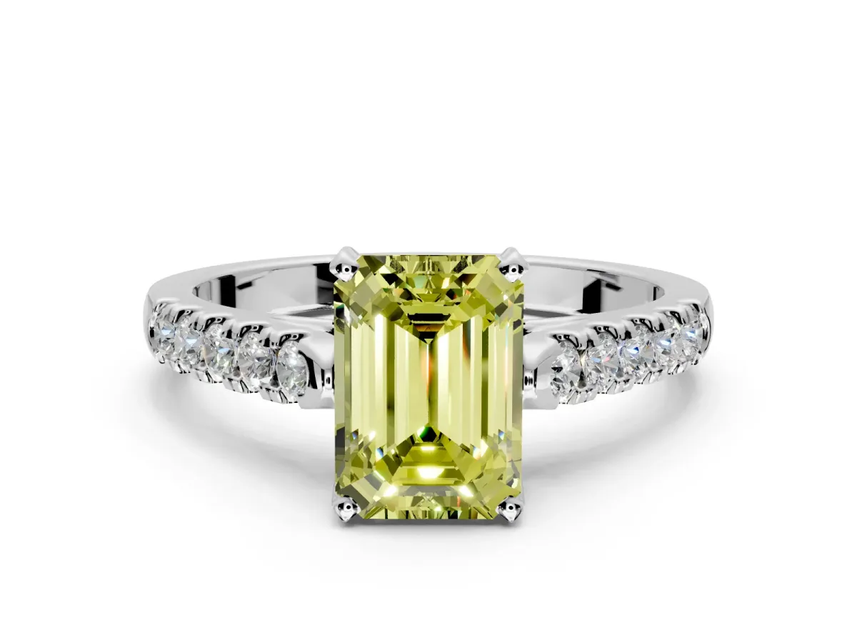 Solitaire Engagement Ring Setting for Fancy Yellow Emerald Cut Center with Partway Pave Band and Prong Head in Sterling Silver