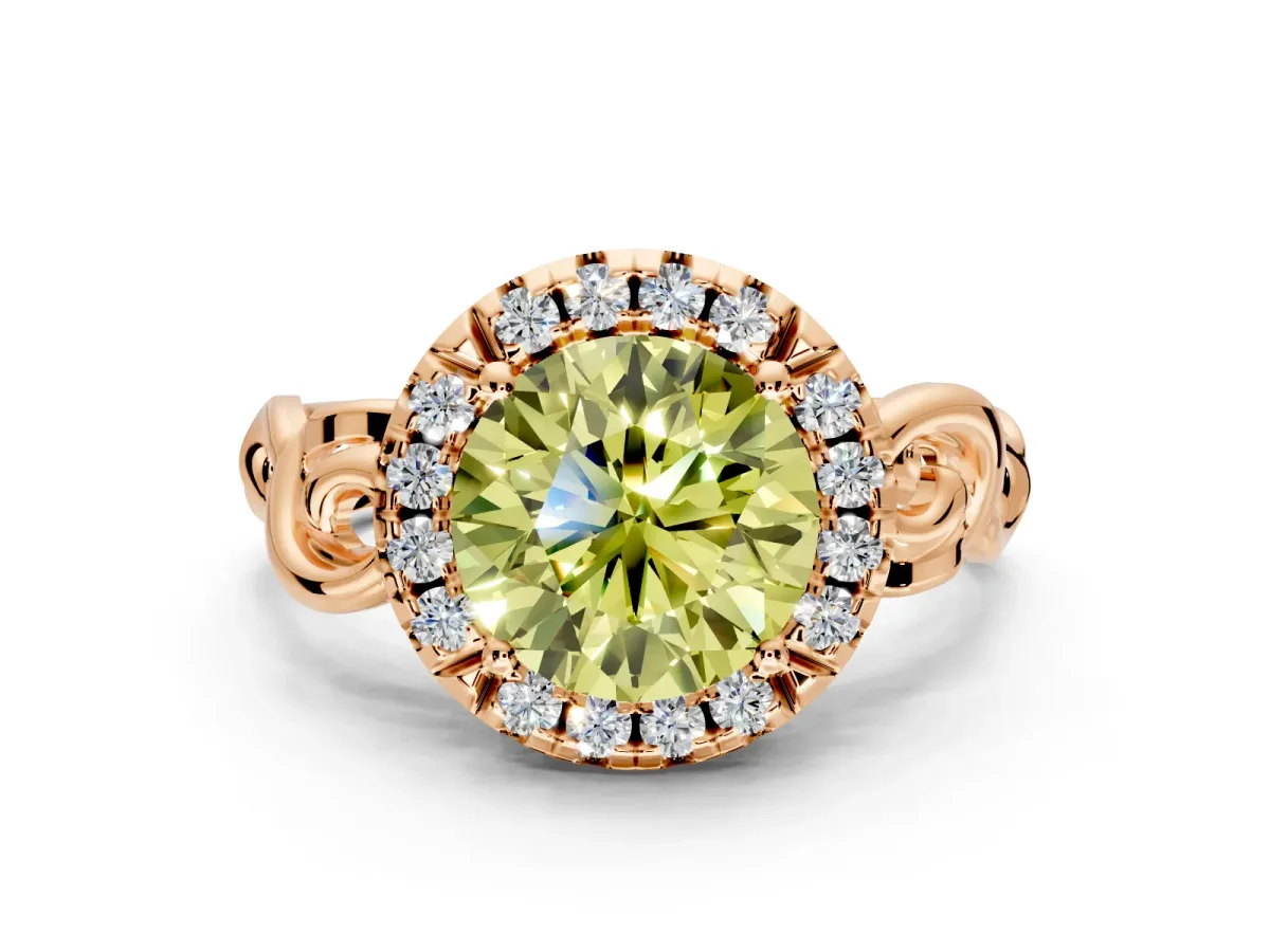 Halo Engagement Ring Setting for Fancy Yellow Round Cut Center with Open Scroll Shoulders and Prong Head in Rose Gold