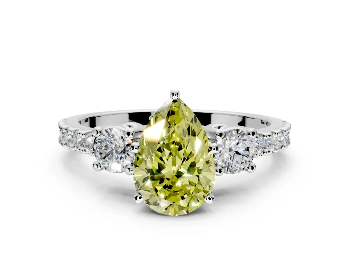 3 Stone Engagement Ring Setting for Fancy Yellow Pear-Shaped Center with Round Cut Side Accents and Prong Head in Platinum