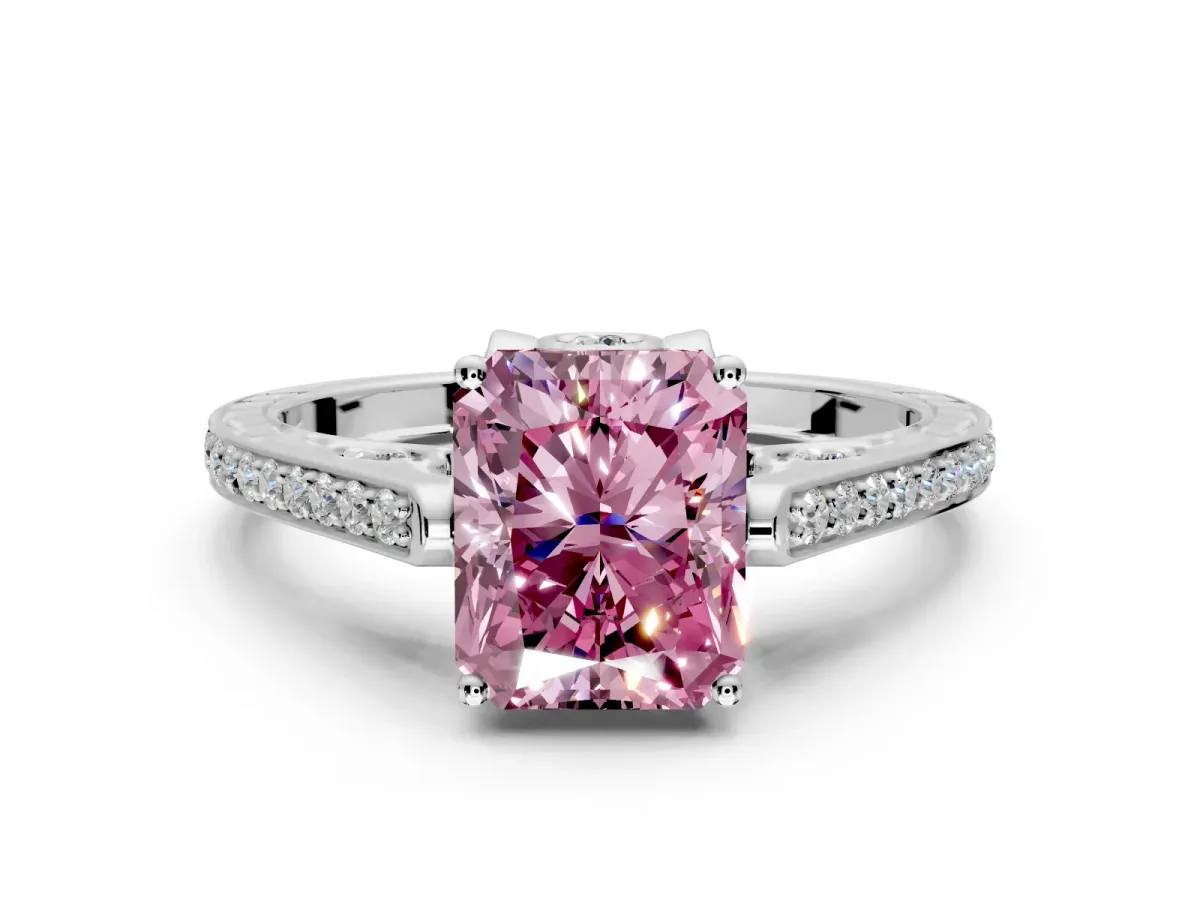 Cathedral Engagement Ring Setting for Fancy Pink Radiant Cut Center with Antique-Style Pave Band and Prong Head in Sterling Silver