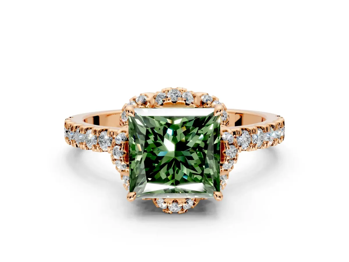 Halo Engagement Ring Setting for Fancy Green Princess Cut Center with Openwork Halo, Pave Band and Prong Head in Rose Gold