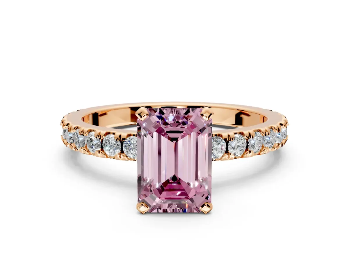 Solitaire Engagement Ring Setting for Fancy Pink Emerald Cut Center with Fine Pave Band and Claw Prong Head in Rose Gold