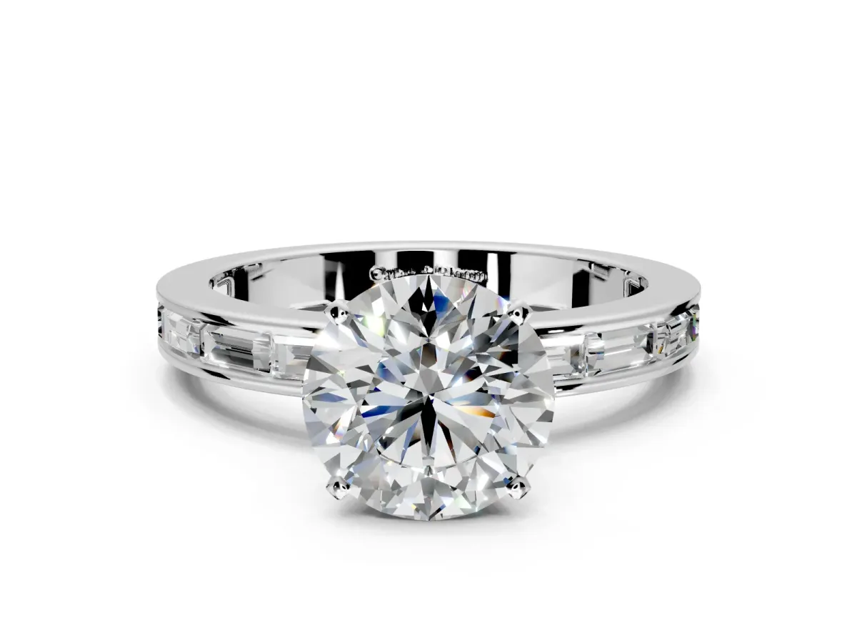 Solitaire Engagement Ring Setting for Round Cut Center with Channel Baguette Band and Prong Head in Platinum