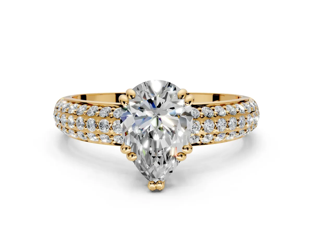 Solitaire Engagement Ring Setting for Pear-Shaped Center with Multi-Row Pave Accents and Basket Head in Yellow Gold