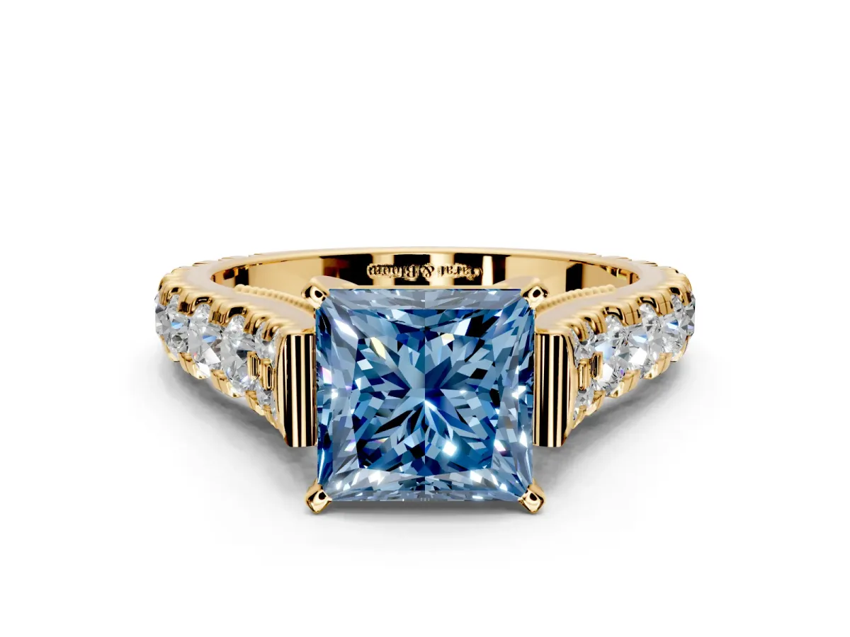 Solitaire Engagement Ring Setting for Fancy Blue Princess Cut Center with Pave Cathedral Shoulders and Prong Head in Yellow Gold