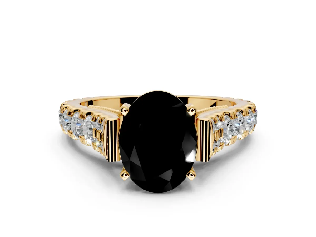 Solitaire Engagement Ring Setting for Fancy Black Oval Center with Pave Cathedral Shoulders and Prong Head in Yellow Gold