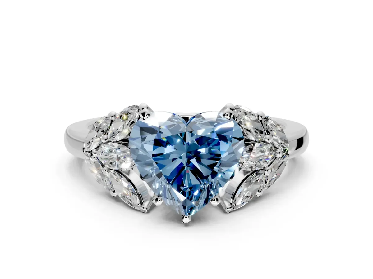 Leaf Cluster Engagement Ring Setting for Fancy Blue Heart-Shaped Center with Marquise Accents and Prong Head in Sterling Silver