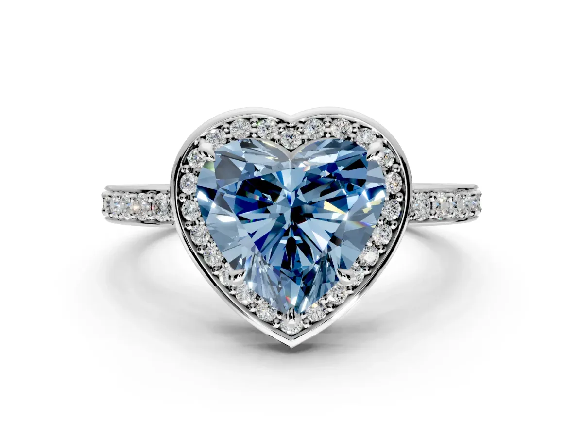 Halo Engagement Ring Setting for Fancy Blue Heart-Shaped Center with Metal-Rimmed Halo, Pave Band and Prong Head in Platinum