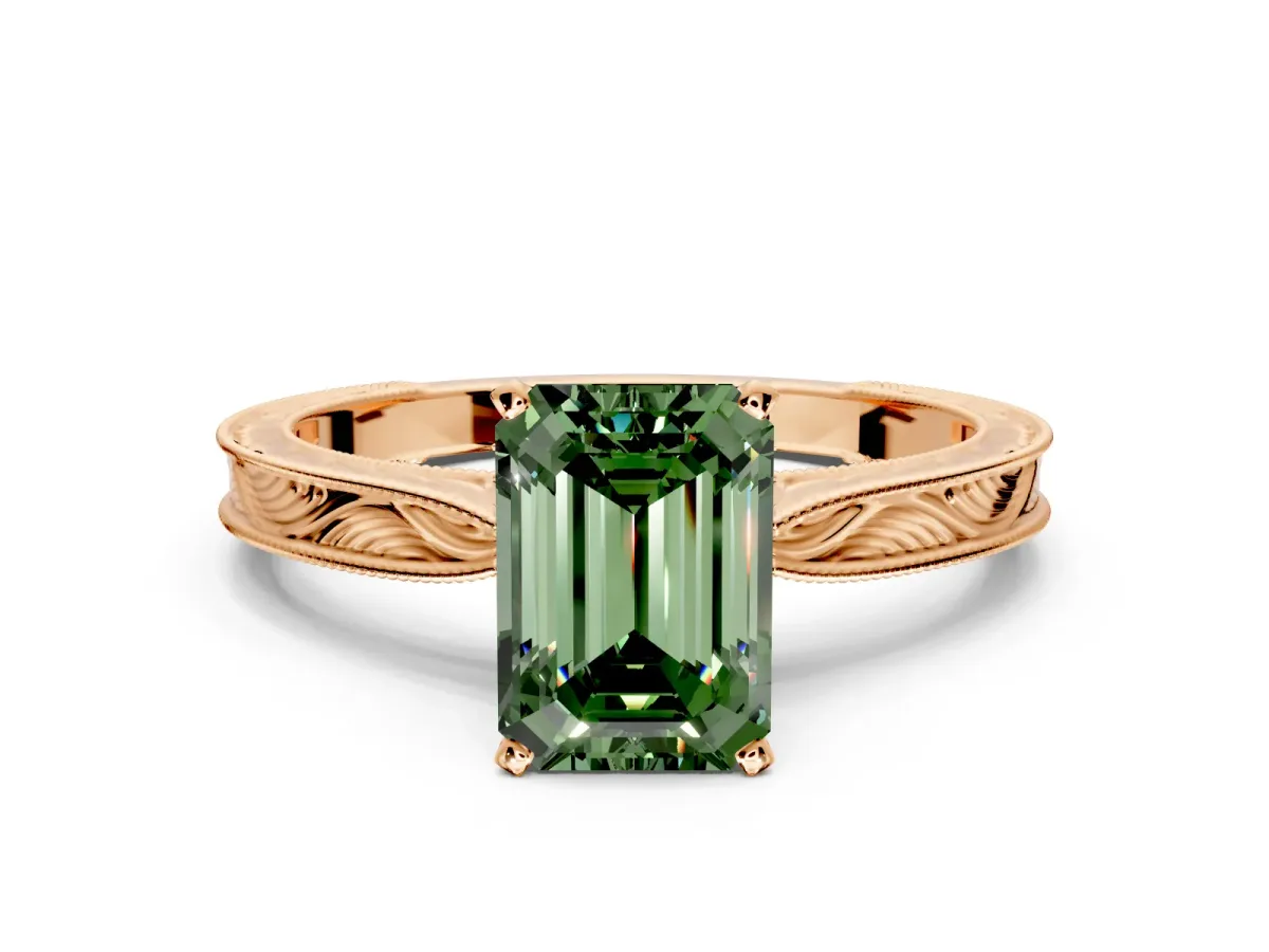 Solitaire Engagement Ring Setting for Fancy Green Emerald Cut Center with Engraved Milgrain Band and Prong Head in Rose Gold