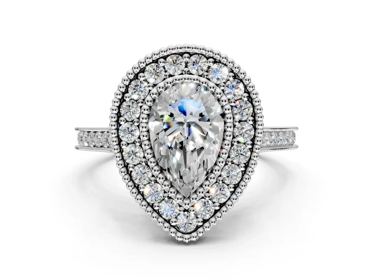 Halo Engagement Ring Setting for Pear-Shaped Center with Milgrain Frame, Pave Band and Prong Head in White Gold
