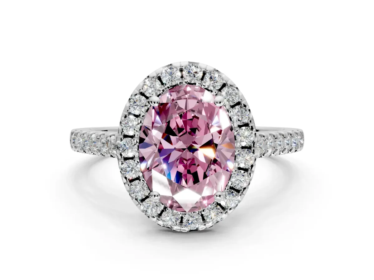 Halo Engagement Ring Setting for Fancy Pink Oval Center with Raised Halo, Pave Band and Prong Head in Platinum