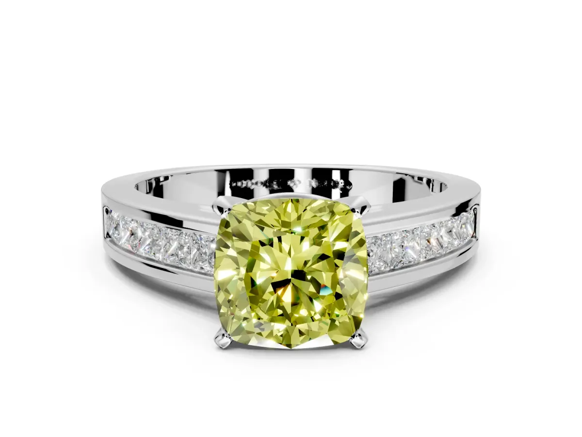 Solitaire Engagement Ring Setting for Fancy Yellow Cushion Cut Center with Princess Cut Channel Band and Prong Head in Platinum