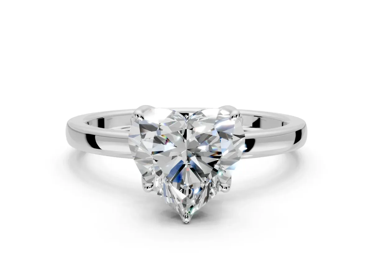 Solitaire Engagement Ring Setting for Heart-Shaped Center with Thin Rounded Plain Band and Prong Head in Platinum