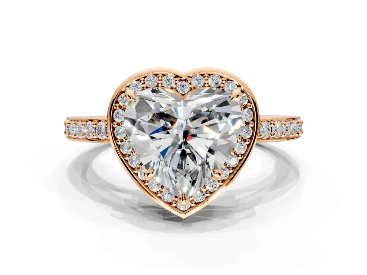 Halo Engagement Ring Setting for Heart-Shaped Center with Metal-Rimmed Halo, Pave Band and Prong Head in Rose Gold