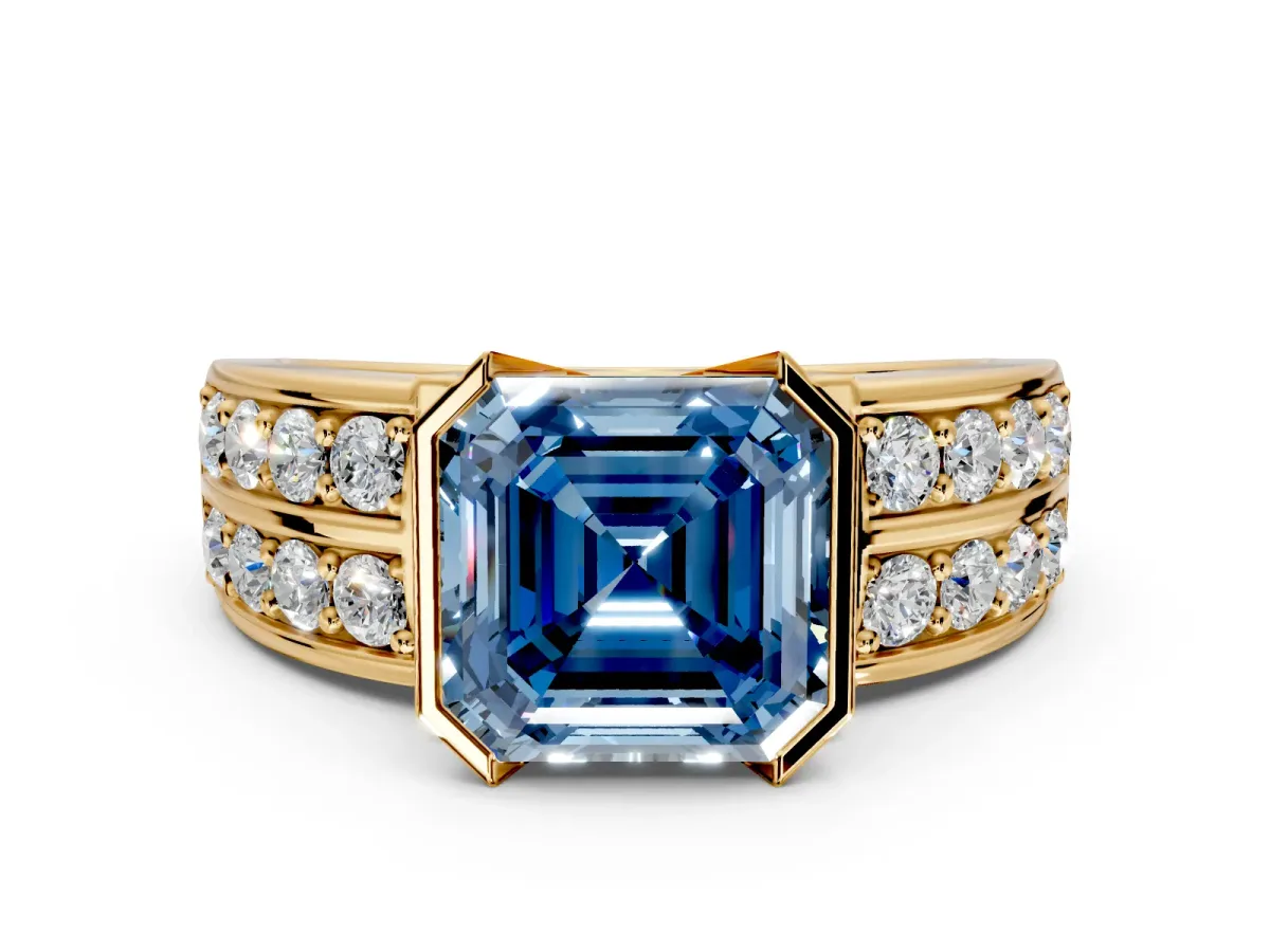 Bezel Engagement Ring Setting for Fancy Blue Asscher Cut Center with Wide Channel-Set Band and Bezel Head in Yellow Gold