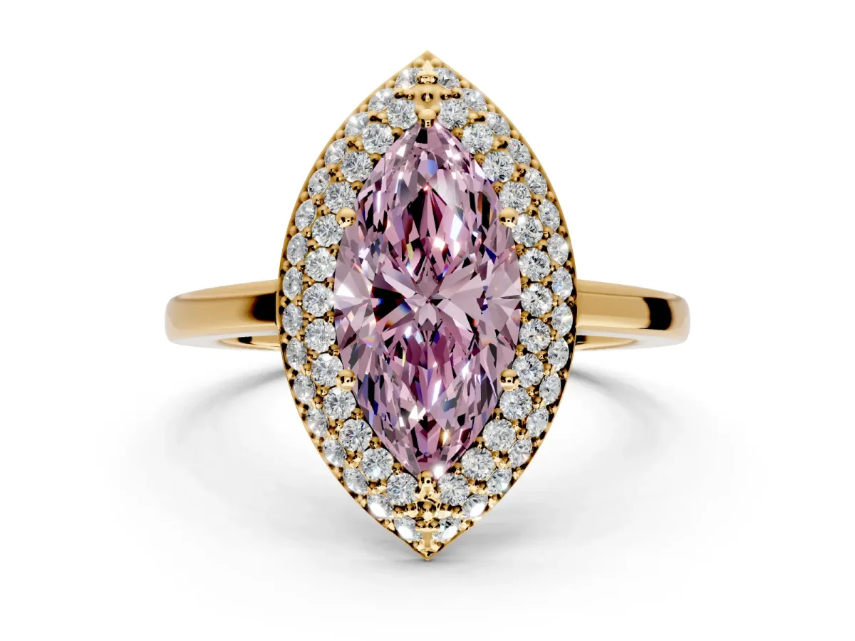 Halo Engagement Ring Setting for Fancy Pink Marquise Center with Plain Tapered Band and Prong Head in Yellow Gold