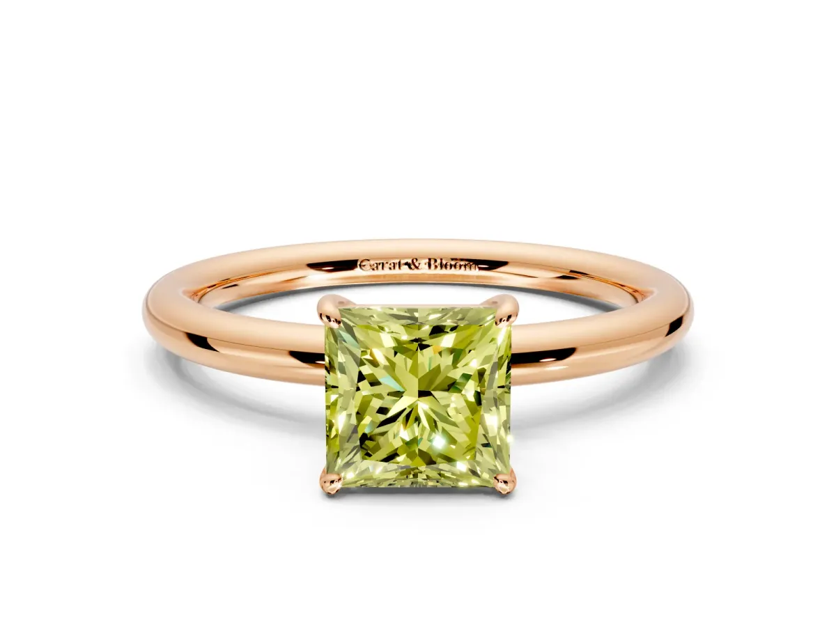 Low-Set Solitaire Engagement Ring Setting for Fancy Yellow Princess Cut Center with Thin Plain Band and Prong Head in Rose Gold