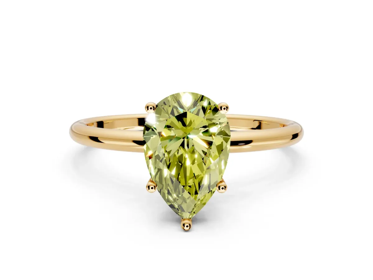 Solitaire Engagement Ring Setting for Fancy Yellow Pear-Shaped Center with Straight Thin Band and Prong Head in Yellow Gold
