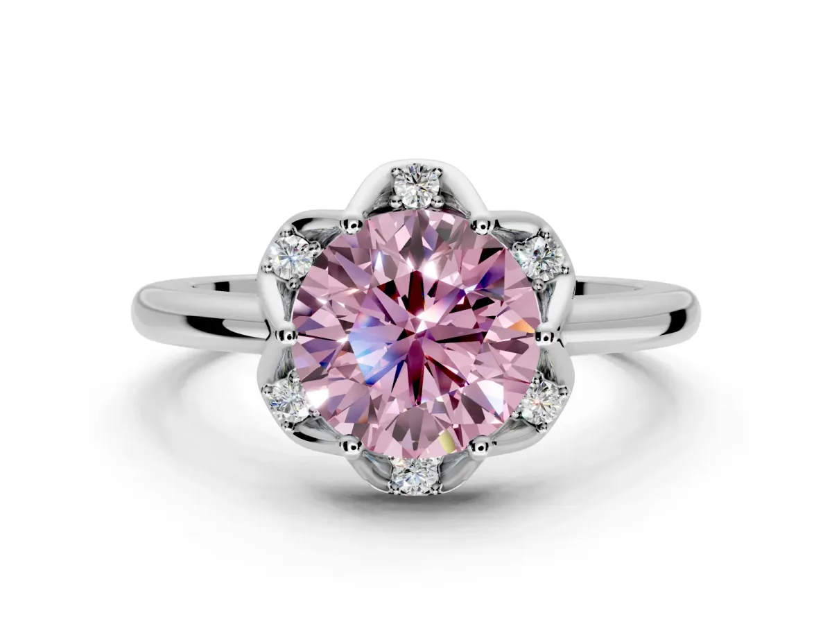 Floral Frame Engagement Ring Setting for Fancy Pink Round Cut Center with Accent Clusters and Prong Head in Sterling Silver