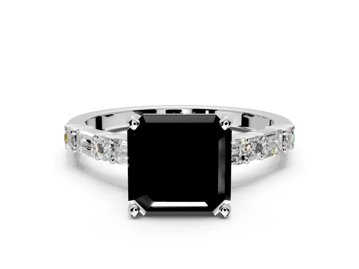 Baguette Engagement Ring Setting for Fancy Black Asscher Cut Center with Alternating Bar-Set Band and Prong Head in White Gold