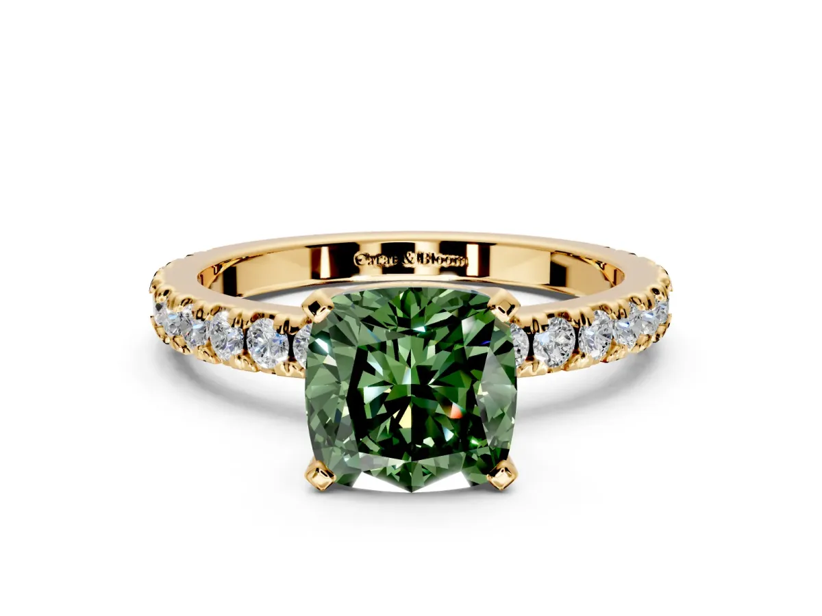 Solitaire Engagement Ring Setting for Fancy Green Cushion Cut Center with Fine Pave Band and Claw Prong Head in Yellow Gold
