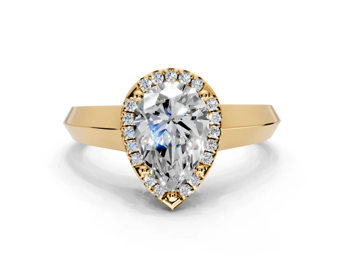 Halo Engagement Ring Setting for Pear-Shaped Center with Knife Ridge Cathedral Band and Prong Head in Yellow Gold