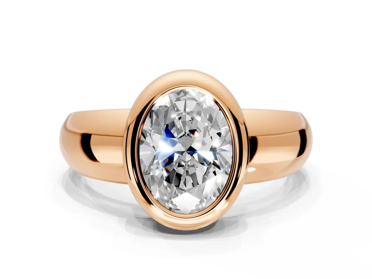 Solitaire Engagement Ring Setting for Oval Center with Wide Band and Bezel Head in Rose Gold