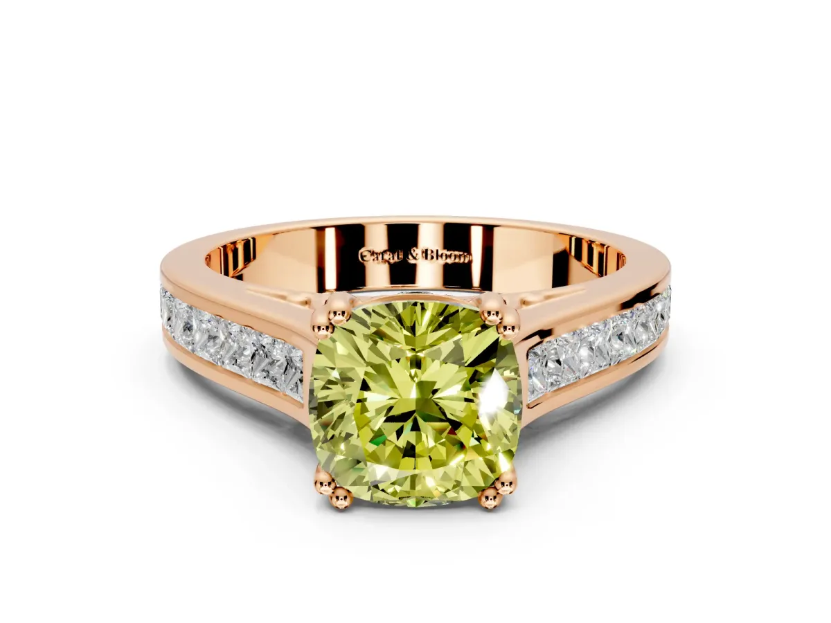 Solitaire Engagement Ring Setting for Fancy Yellow Cushion Cut Center with Channel Band and Double Claw Prong Head in Rose Gold