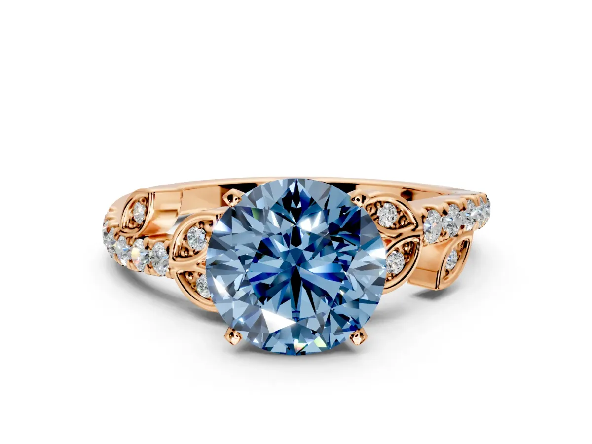 Leaf Motif Engagement Ring Setting for Fancy Blue Round Cut Center with Pave Band and Prong Head in Rose Gold