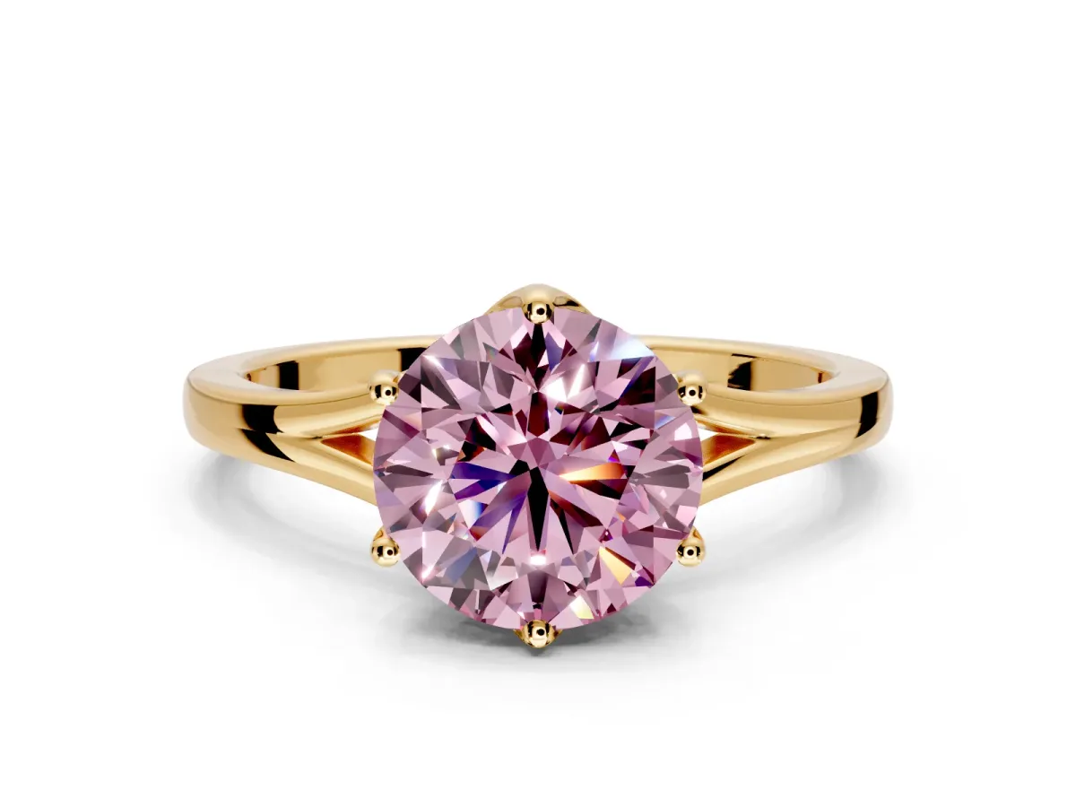 Solitaire Engagement Ring Setting for Fancy Pink Round Cut Center with Plain Split Shank and Prong Head in Yellow Gold