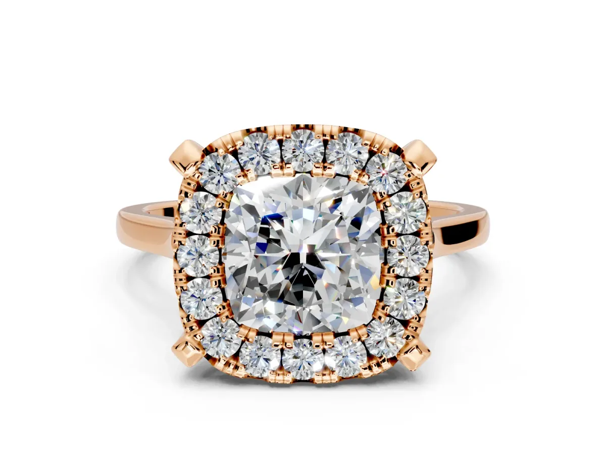 Single Halo Engagement Ring Setting for Cushion Cut Center with Corner Claws, Plain Band and Prong Head in Rose Gold