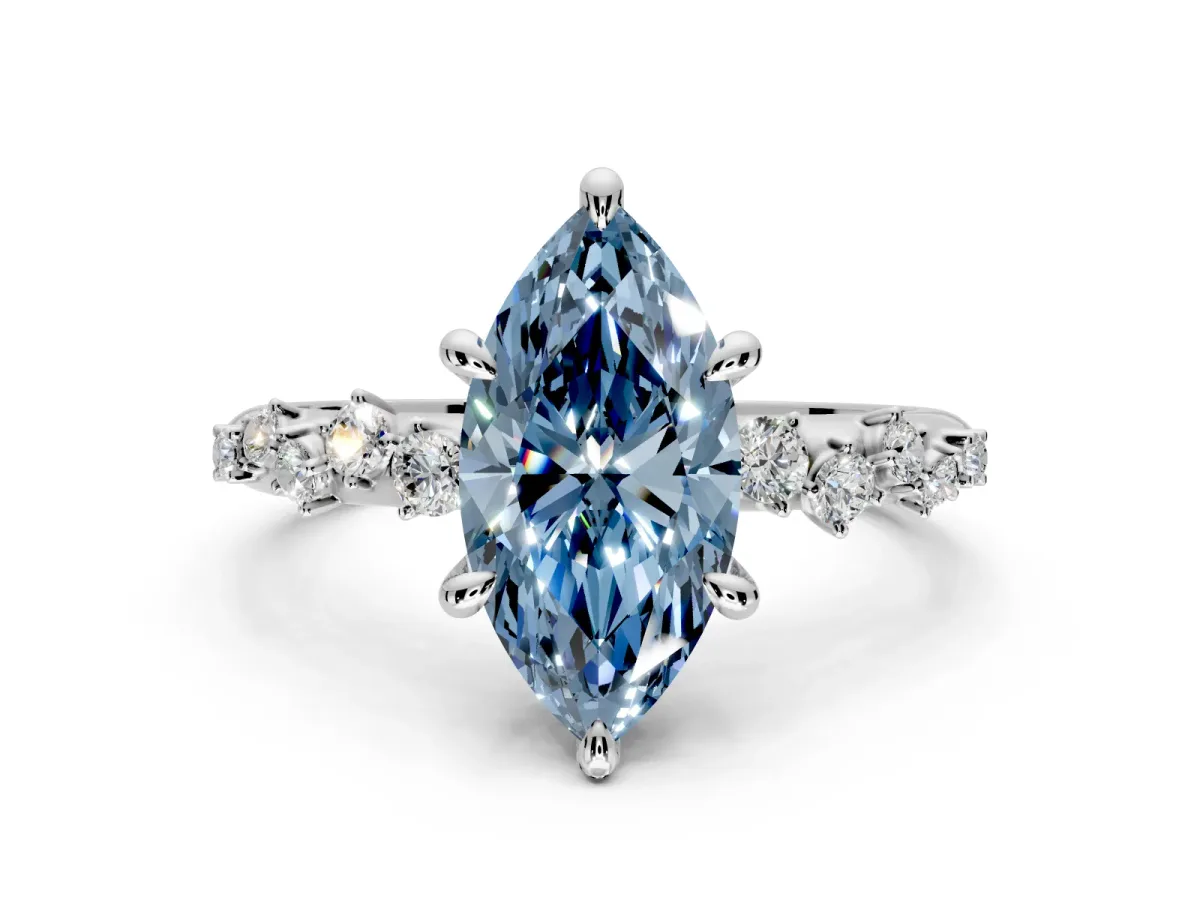 Solitaire Engagement Ring Setting for Fancy Blue Marquise Center with Trailing Leaf Accent Band and Prong Head in Platinum