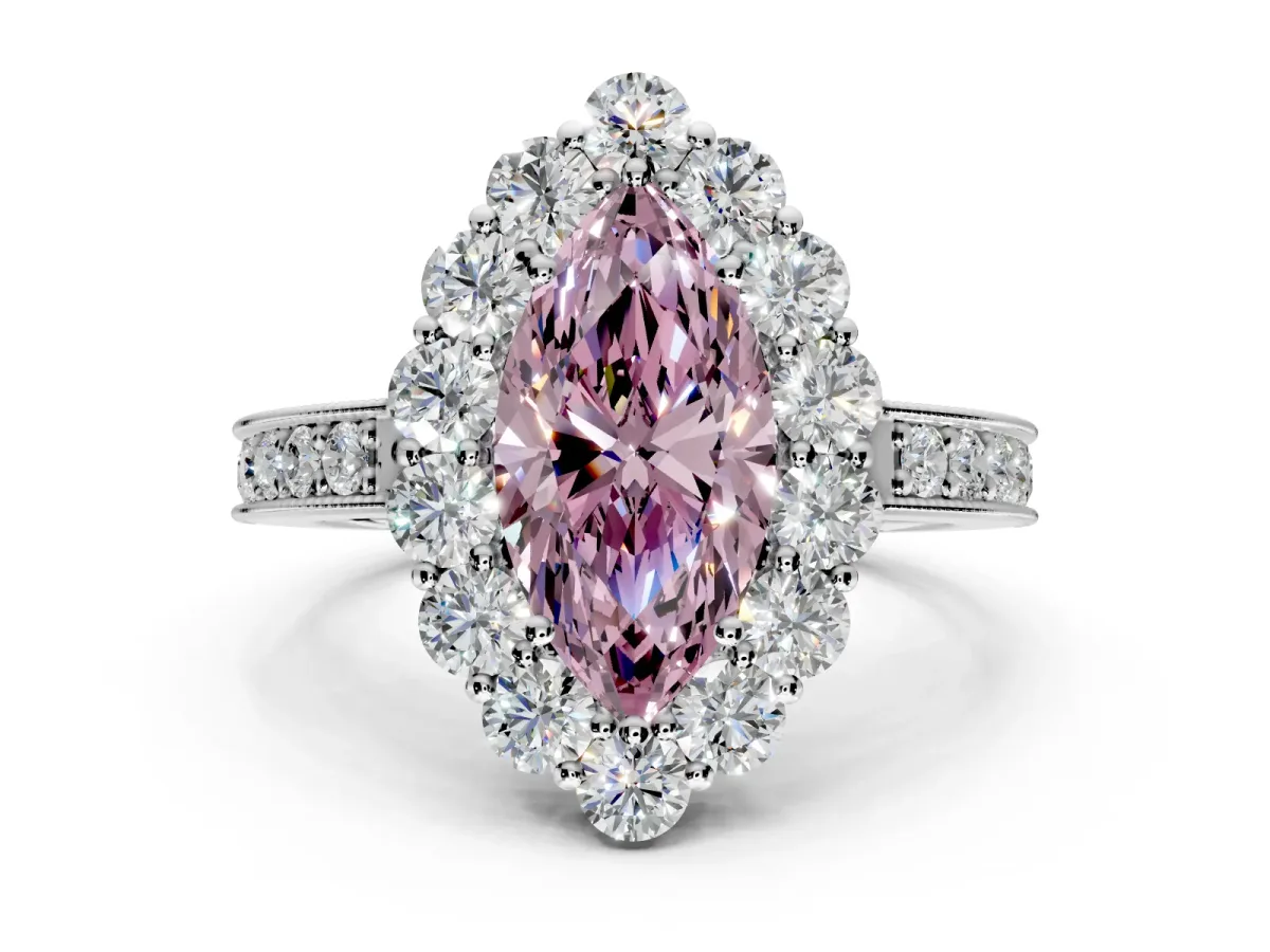 Halo Engagement Ring Setting for Fancy Pink Marquise Center with Milgrain Channel Band and Prong Head in White Gold